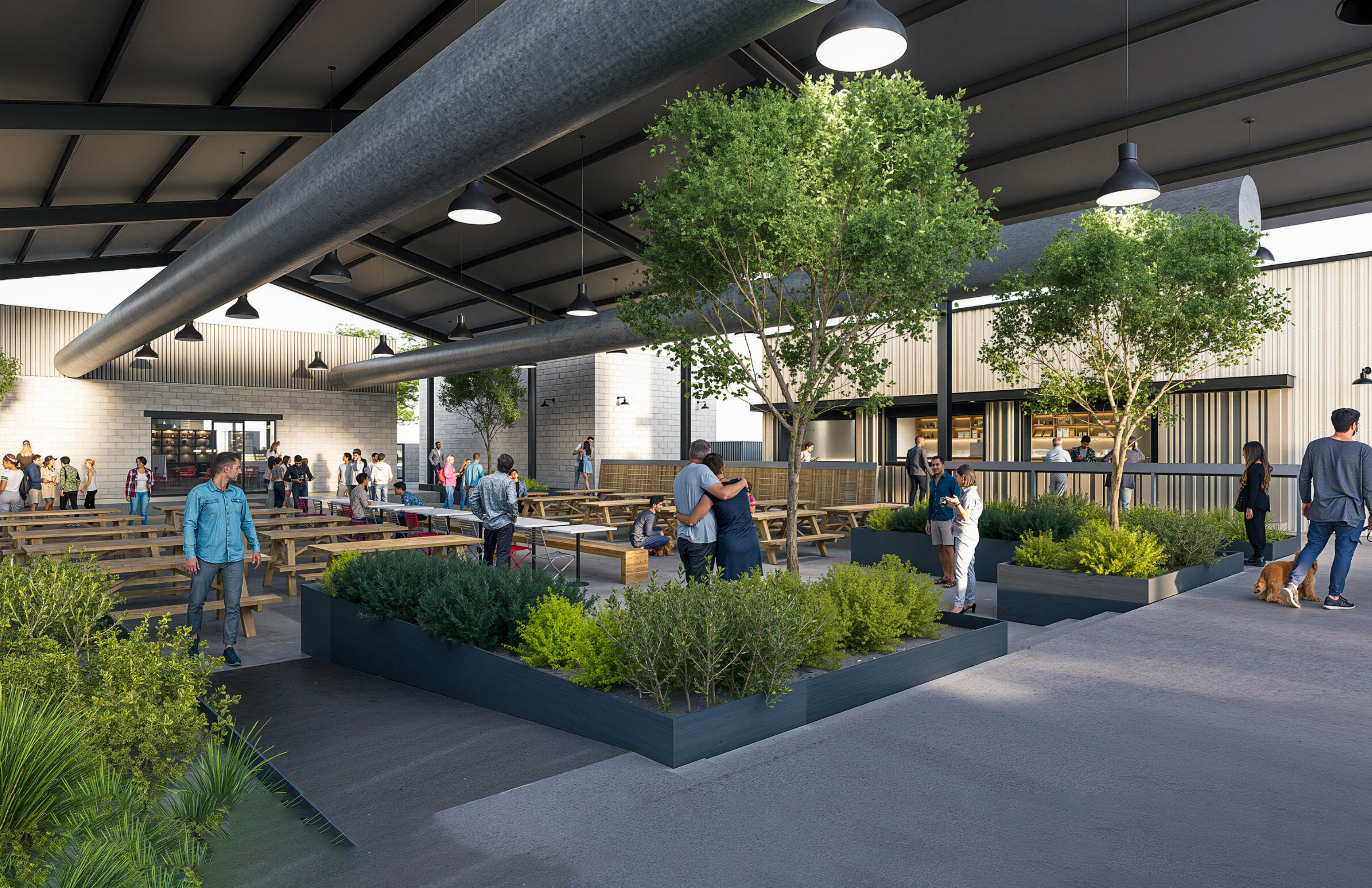 Open-air courtyard with trees, tables, and string lights