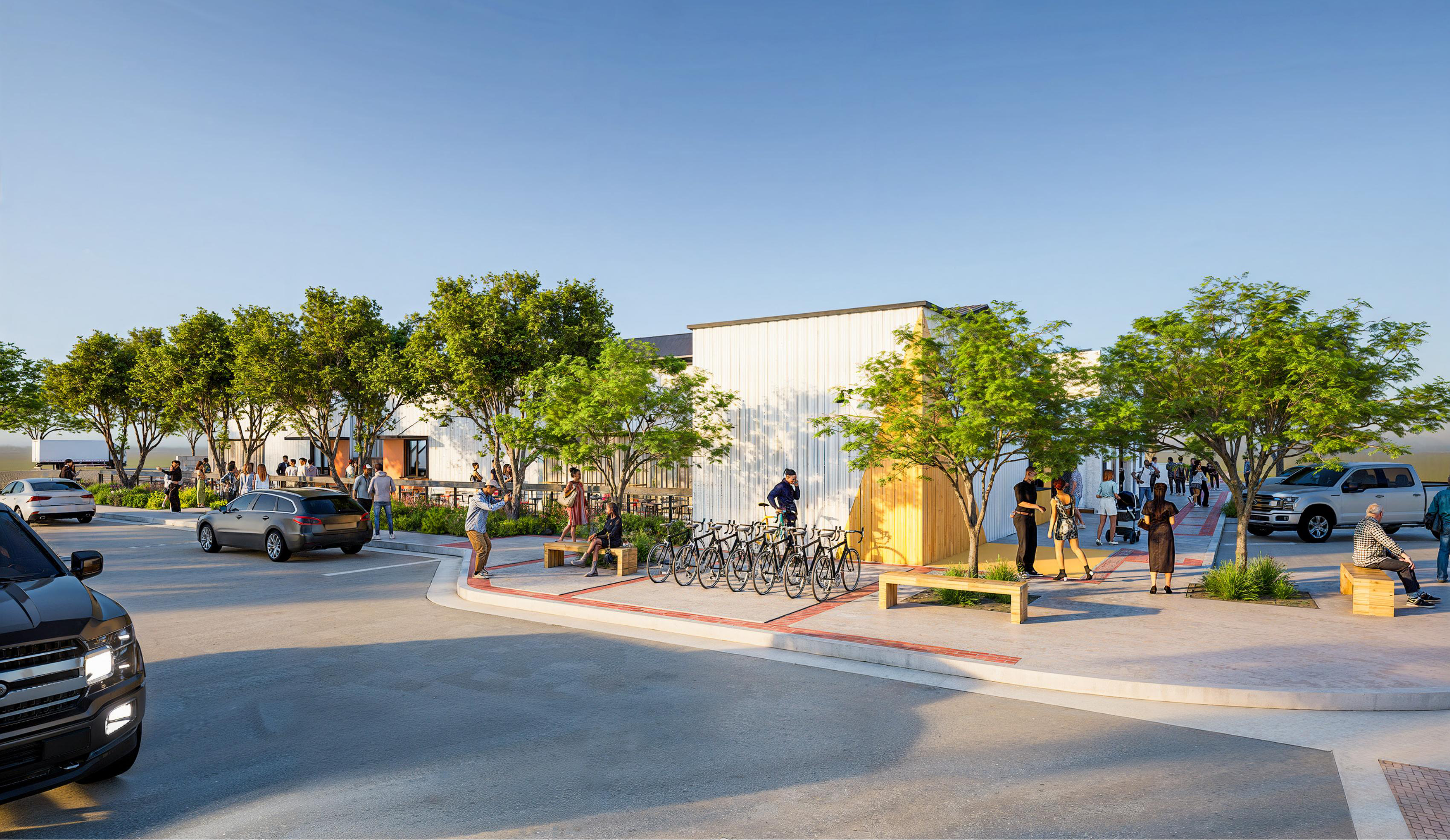 Southeast corner with bikes and landscaping